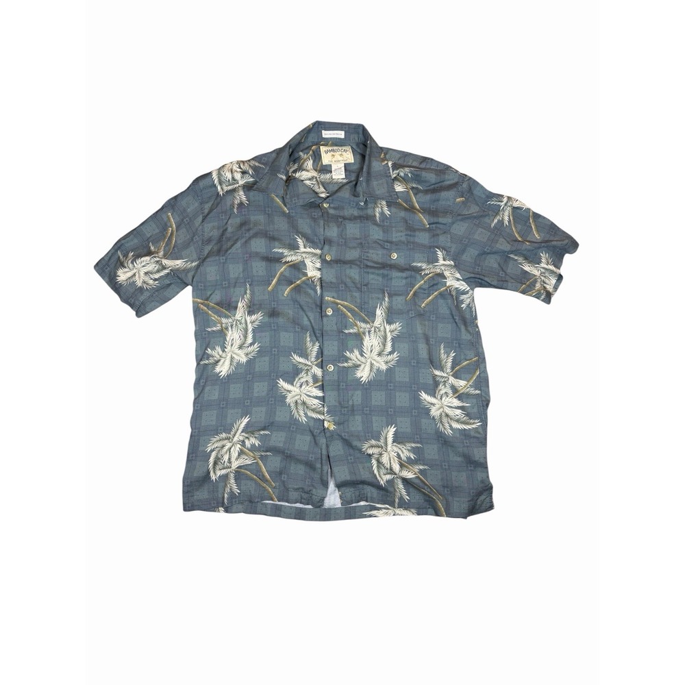 Bamboo Cay Hawaiian Camp Shirt Mens L Blue Palm Tree Rayon Aloha Resort Casual